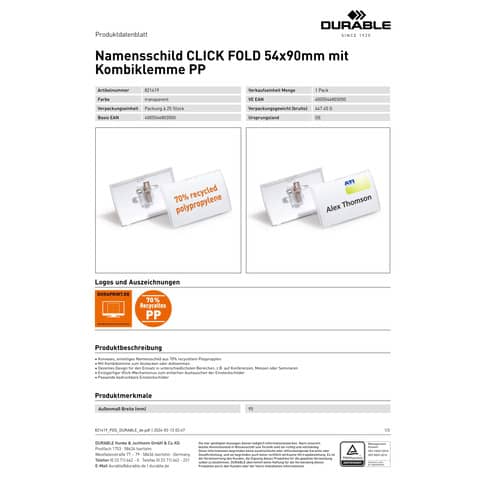 Portanomi DURABLE CLICK FOLD CON COMBI CLIP trasparente inserto 54x90 mm - PPL al 70% riciclato - conf. 25 - 821419